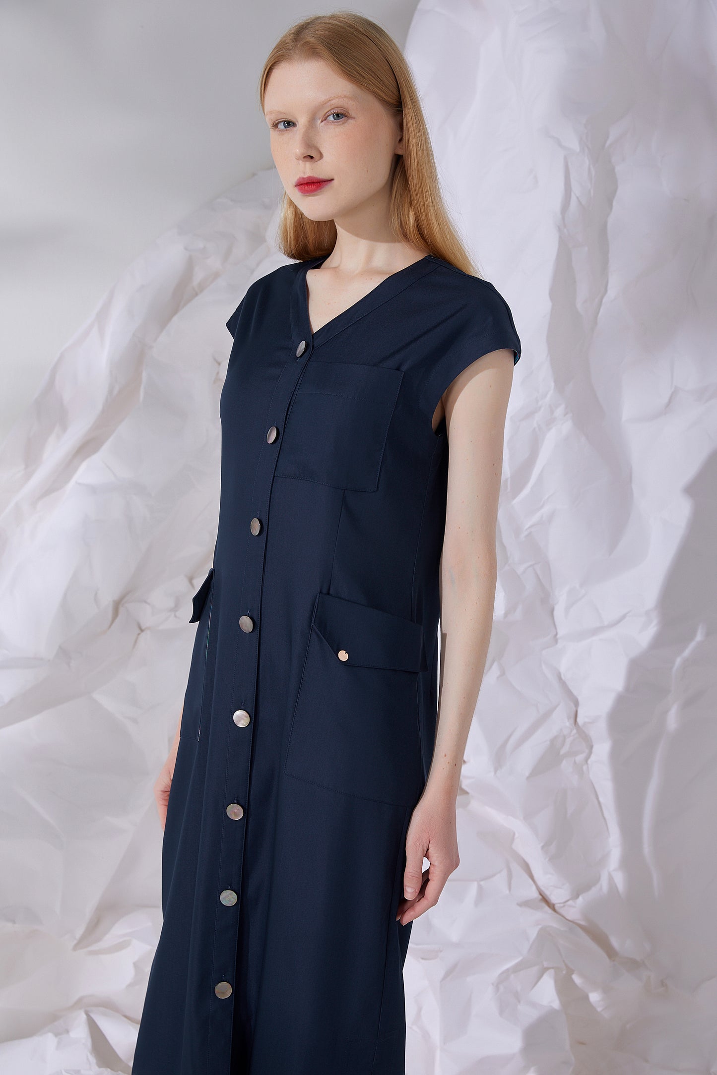 SHELLED BUTTON MIDI DRESS