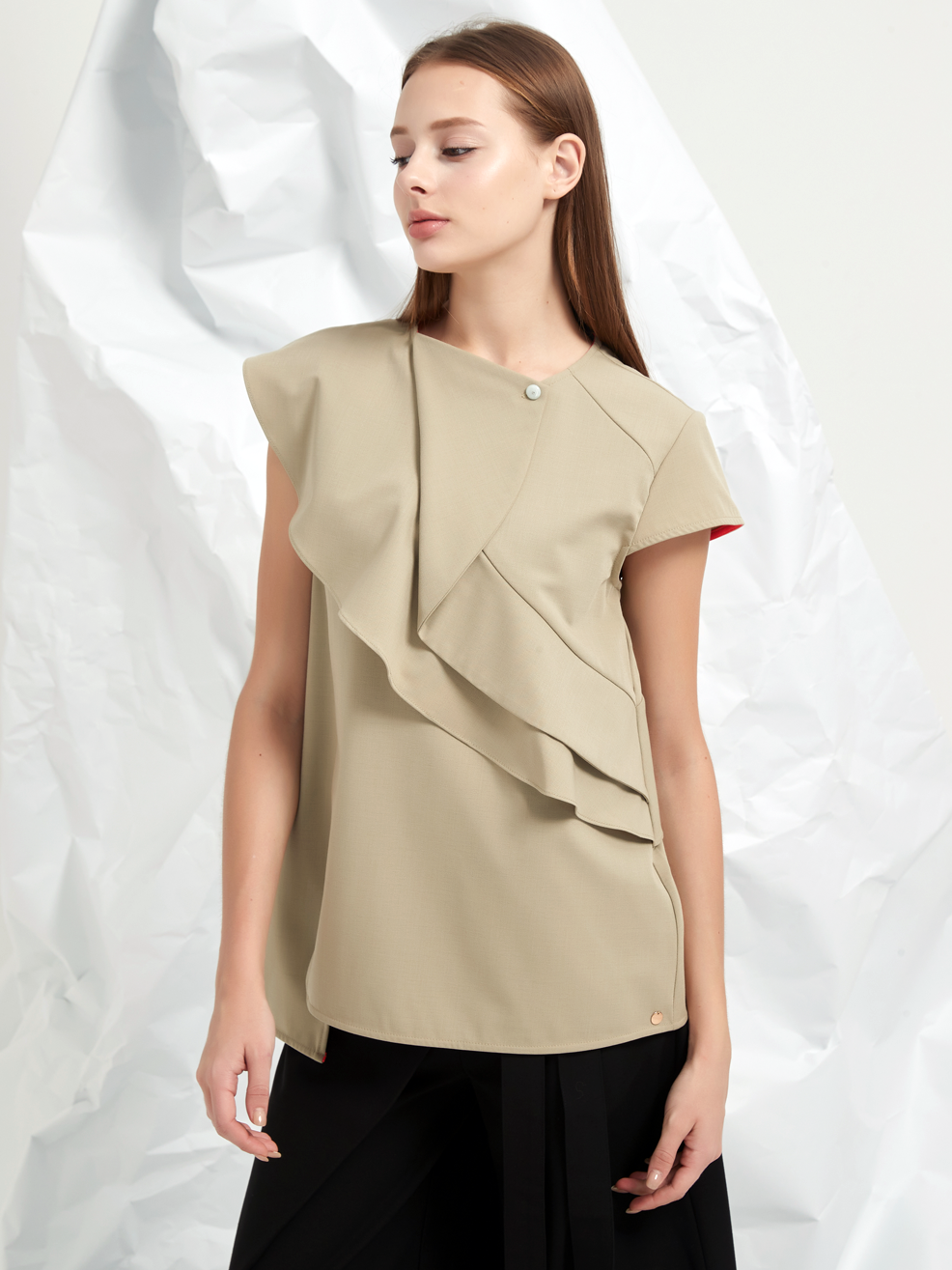 WOOL BLEND TENCEL FRILLS BLOUSE