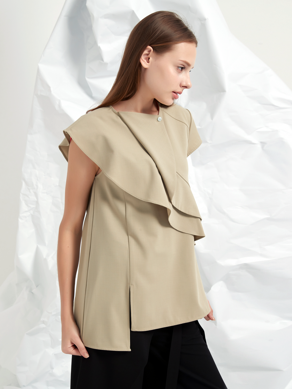 WOOL BLEND TENCEL FRILLS BLOUSE