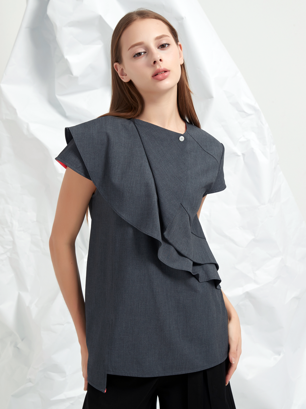 WOOL BLEND TENCEL FRILLS BLOUSE