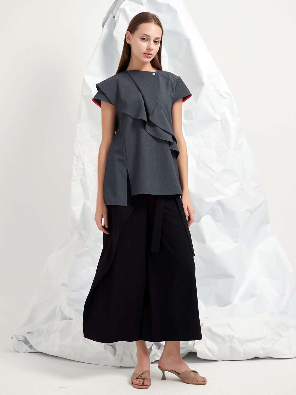 WOOL BLEND TENCEL FRILLS BLOUSE