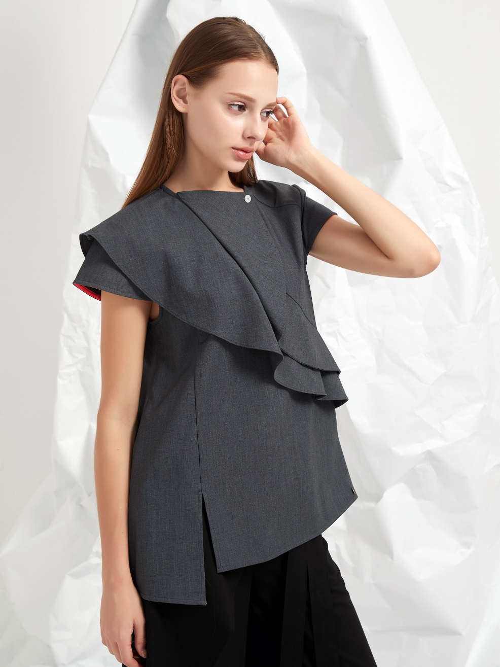 WOOL BLEND TENCEL FRILLS BLOUSE