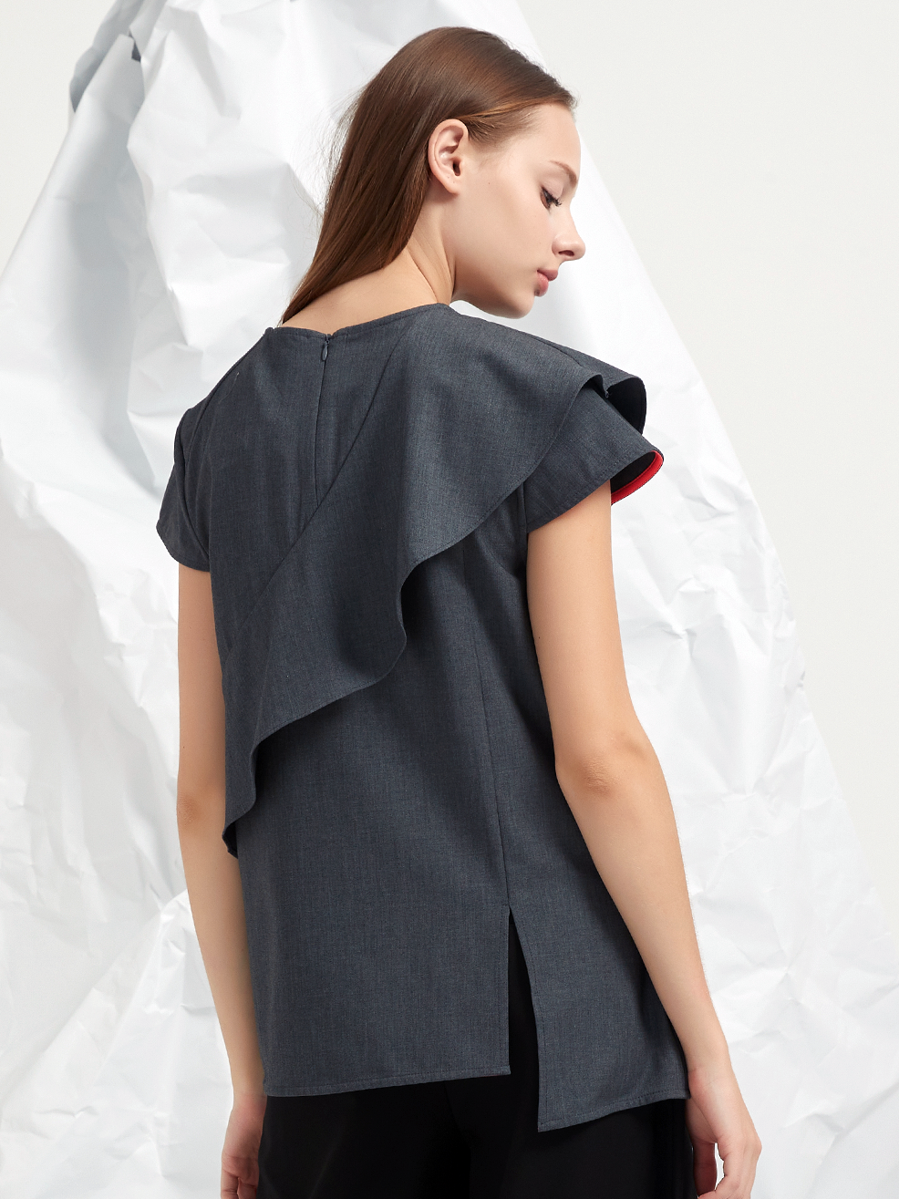 WOOL BLEND TENCEL FRILLS BLOUSE