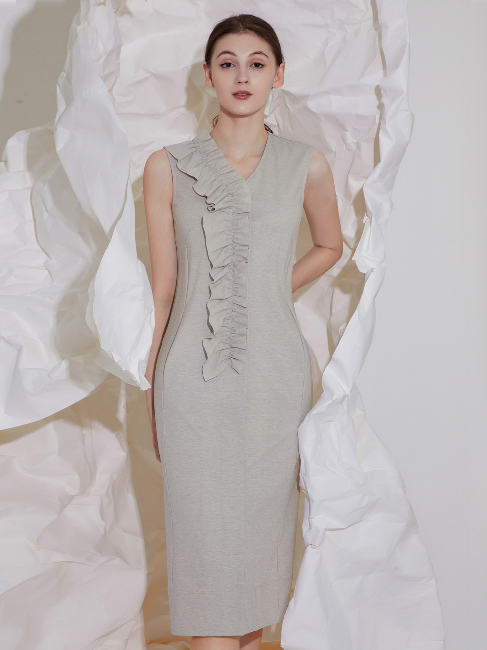 JERSEY FRILLS MIDI DRESS