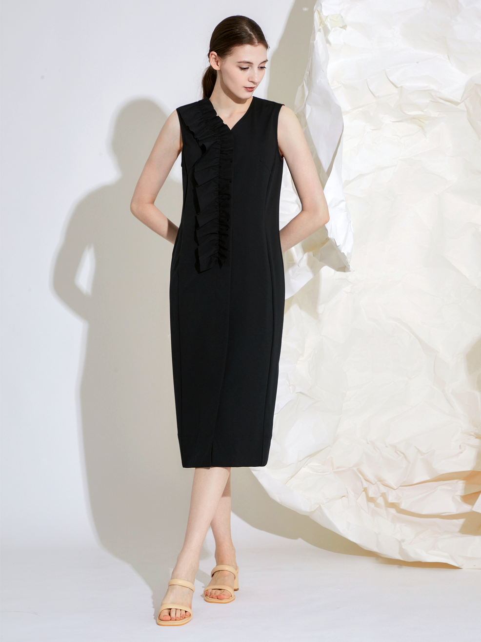 JERSEY FRILLS MIDI DRESS