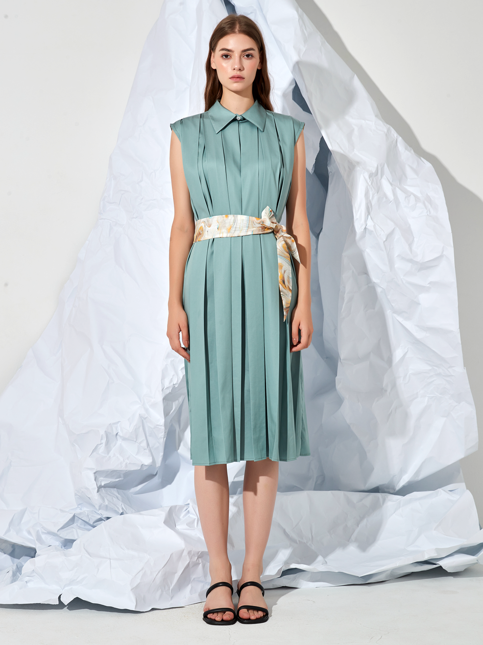 PLEATED BELTED MIDI DRESS