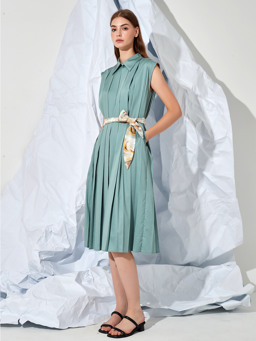 PLEATED BELTED MIDI DRESS