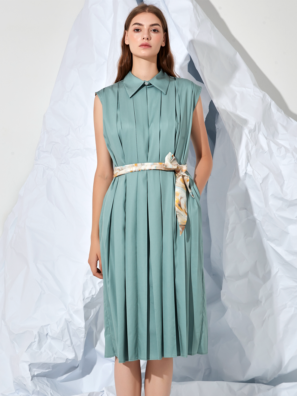 PLEATED BELTED MIDI DRESS
