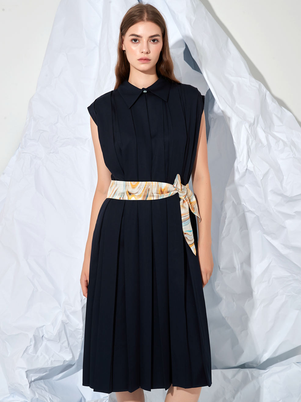 PLEATED BELTED MIDI DRESS