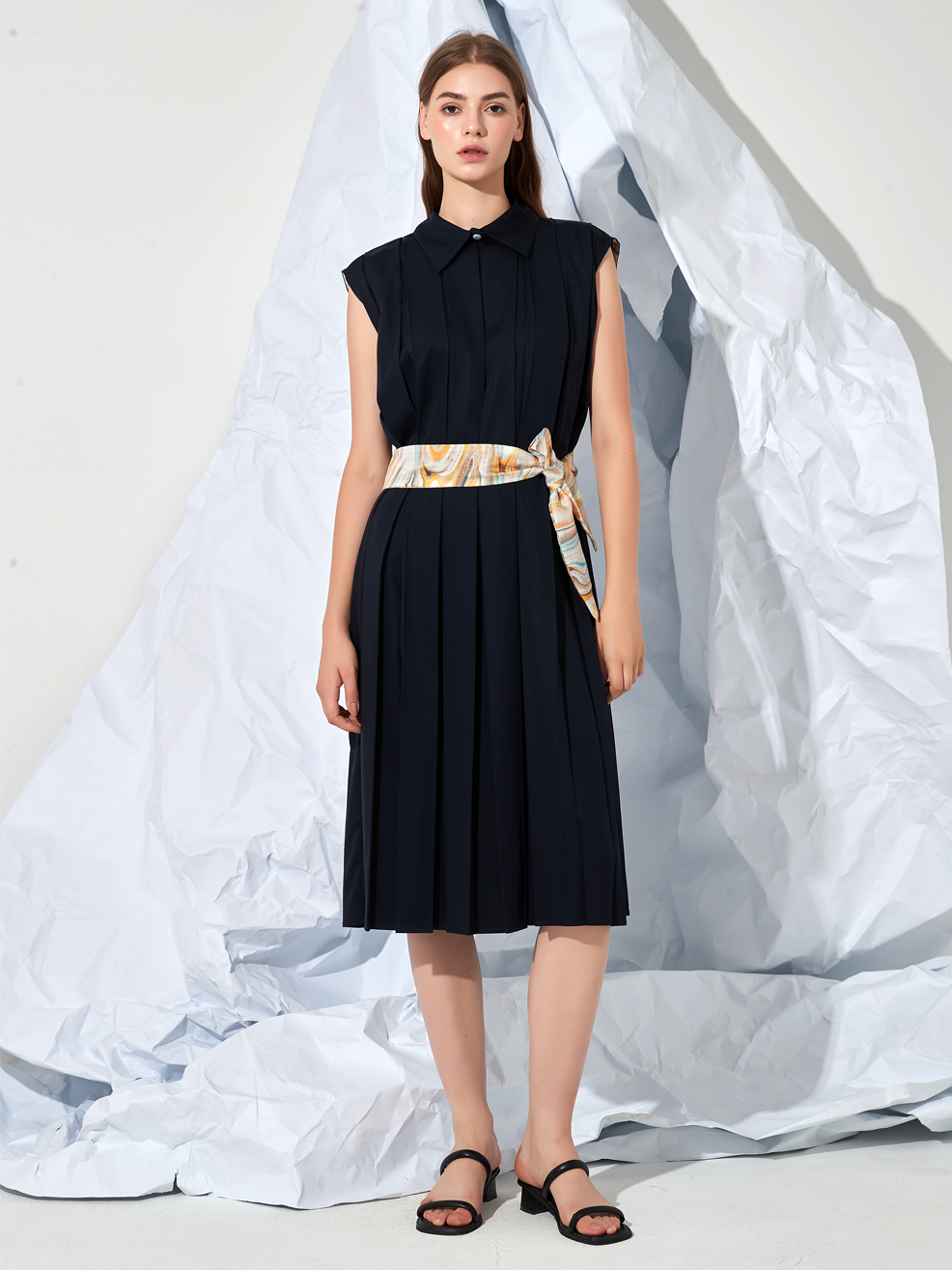 PLEATED BELTED MIDI DRESS