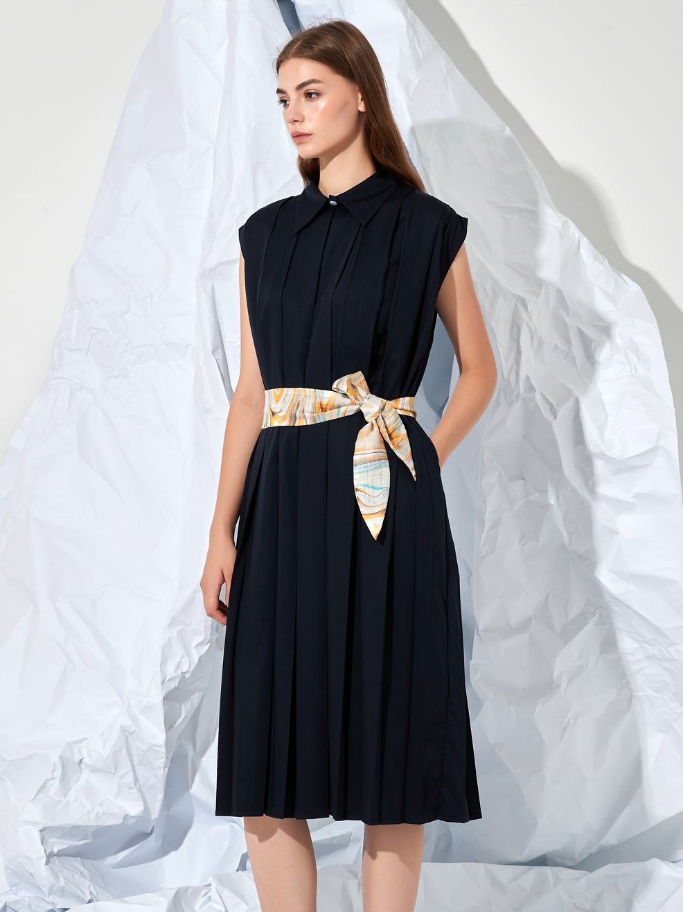 PLEATED BELTED MIDI DRESS