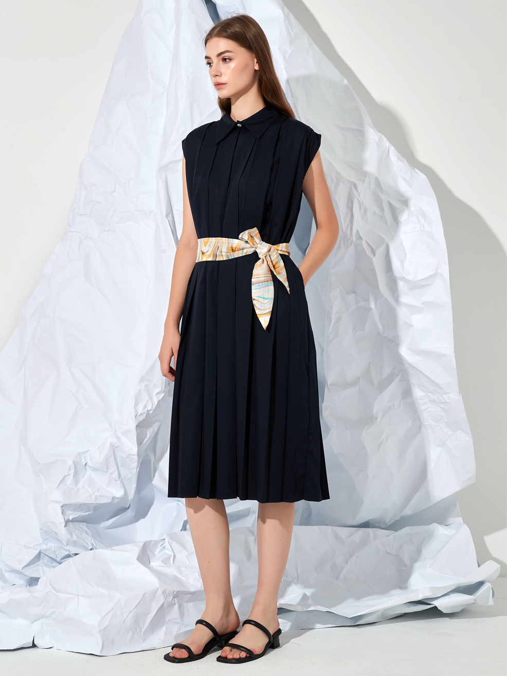 PLEATED BELTED MIDI DRESS