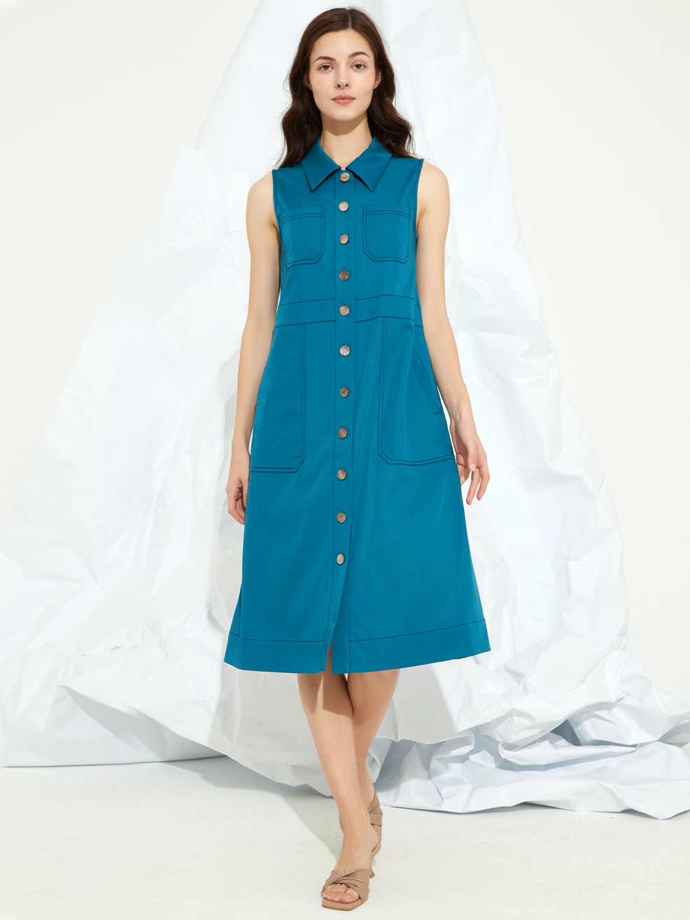 SHELLED BUTTON-DETAIL MIDI DRESS
