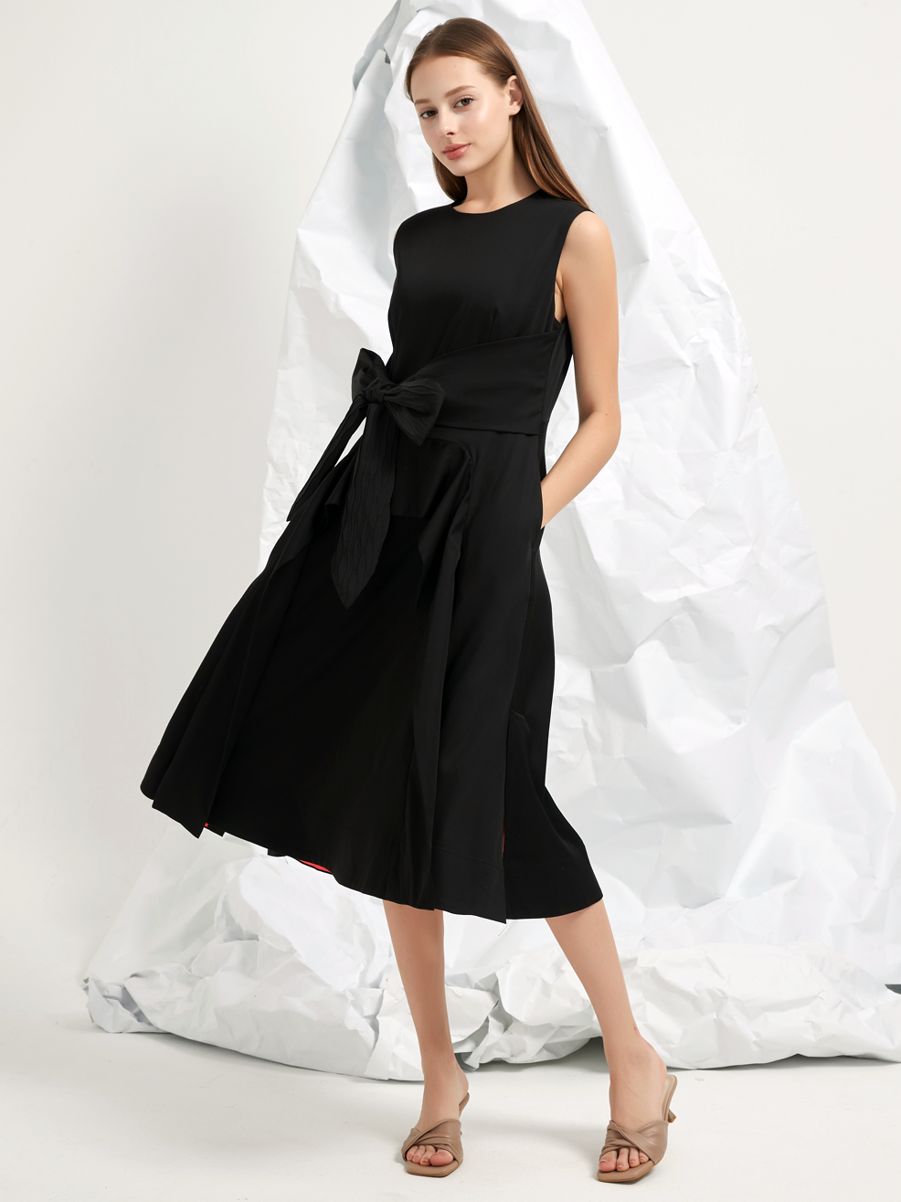 JACQUARD TIE BELT MIDI DRESS