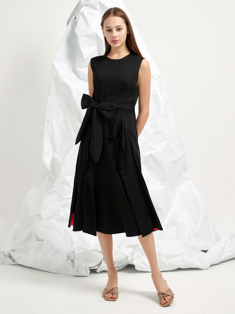 JACQUARD TIE BELT MIDI DRESS