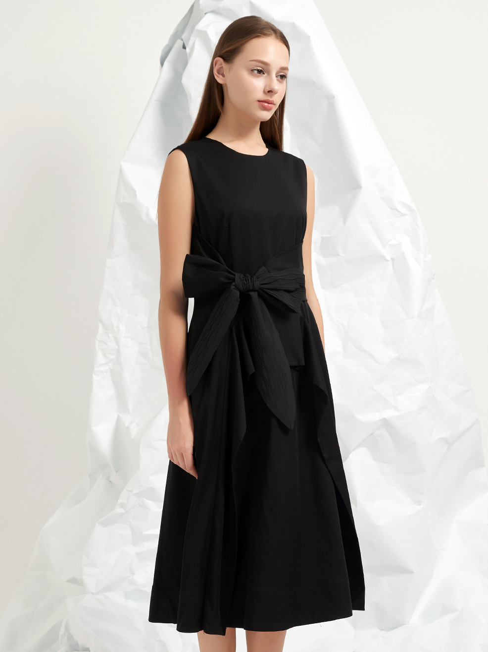 JACQUARD TIE BELT MIDI DRESS