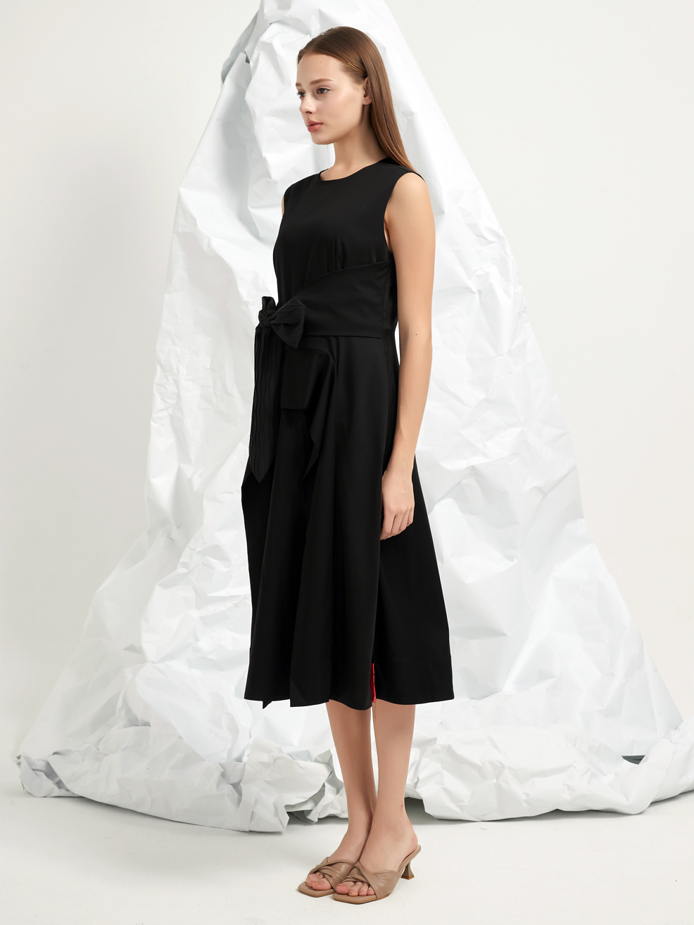 JACQUARD TIE BELT MIDI DRESS