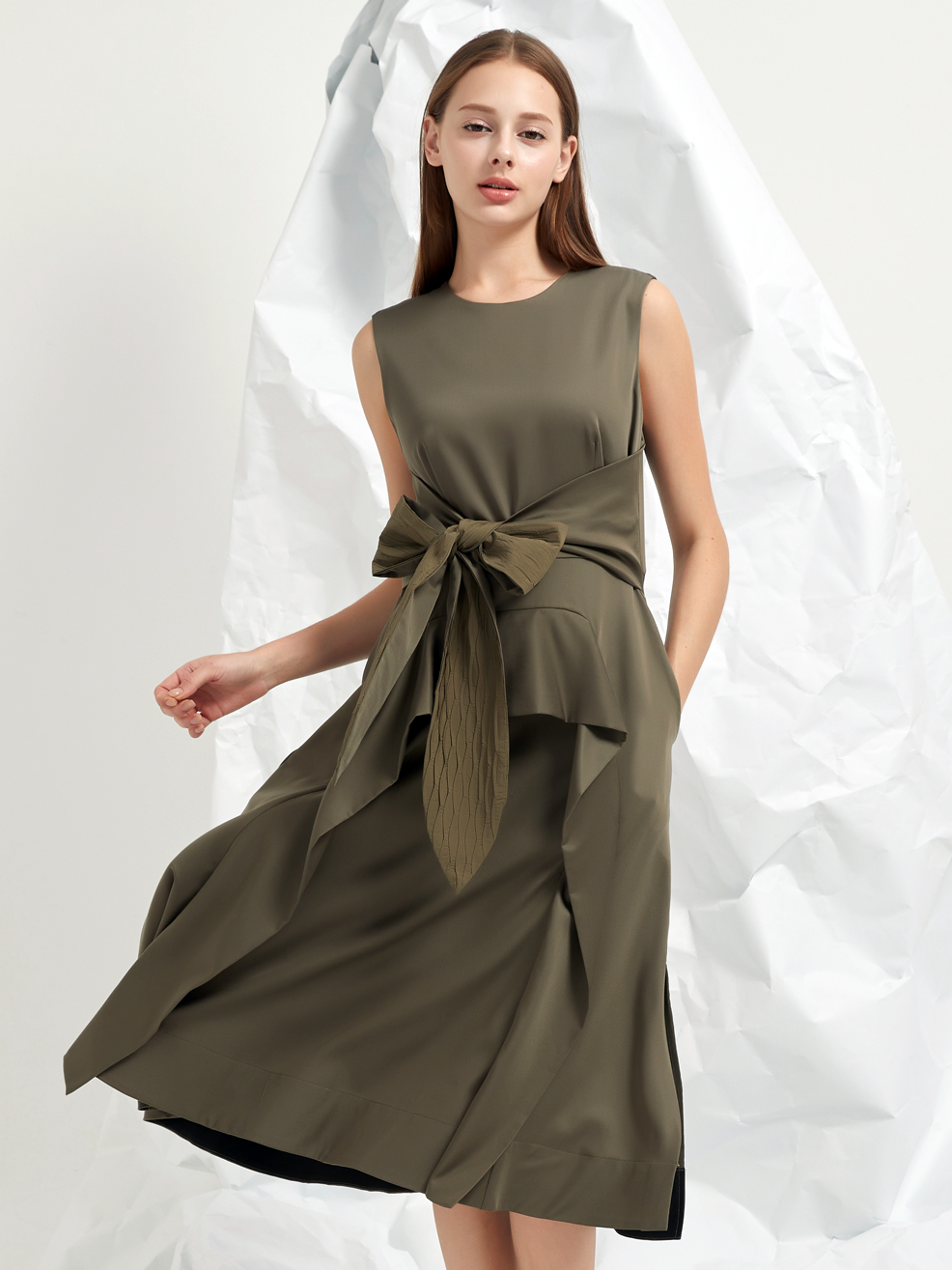 JACQUARD TIE BELT MIDI DRESS