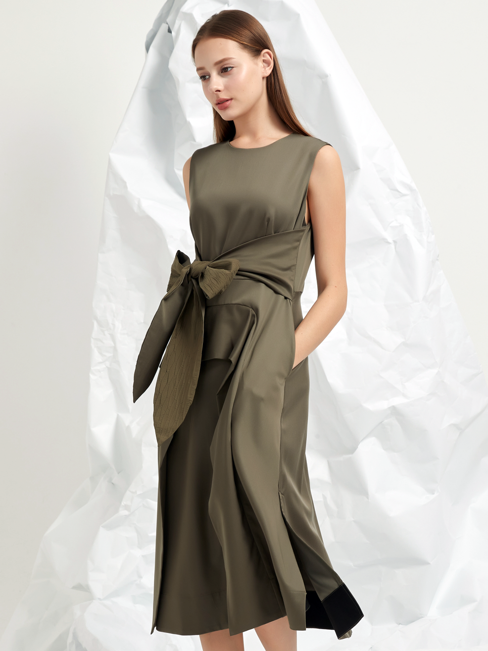 JACQUARD TIE BELT MIDI DRESS