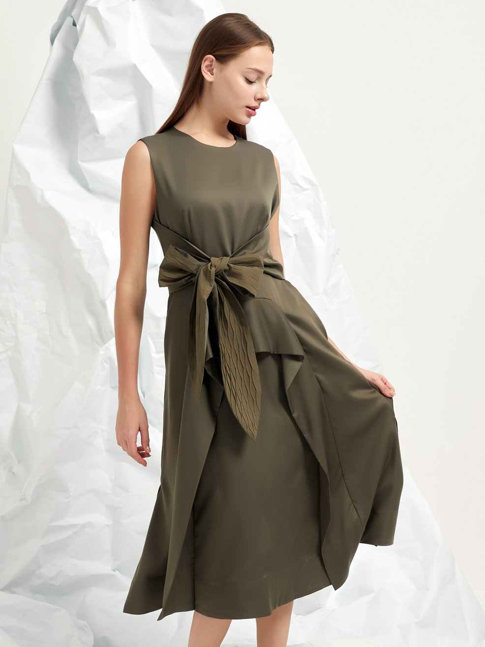 JACQUARD TIE BELT MIDI DRESS