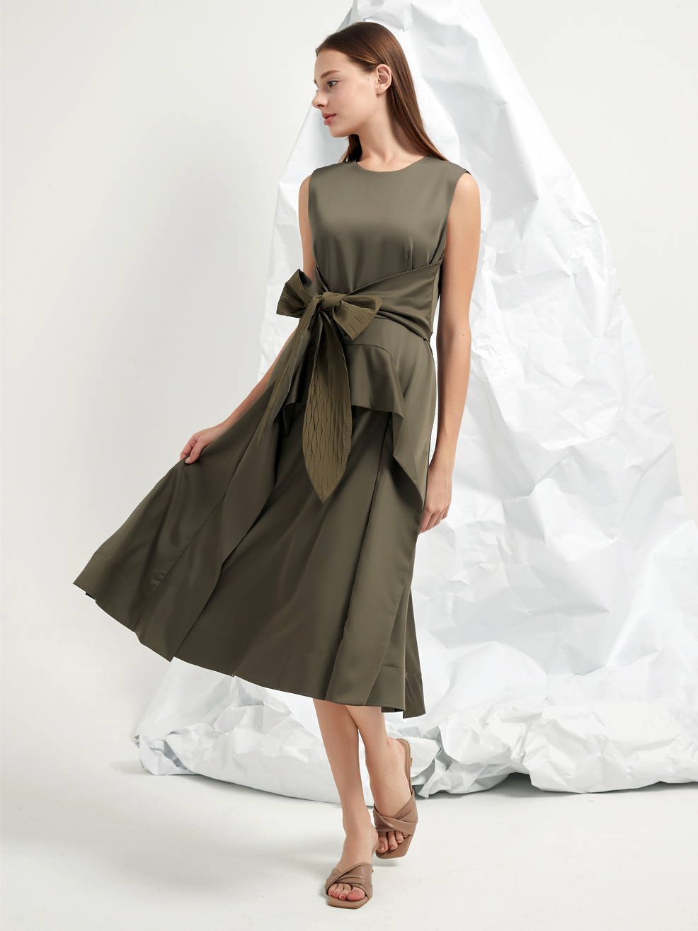 JACQUARD TIE BELT MIDI DRESS