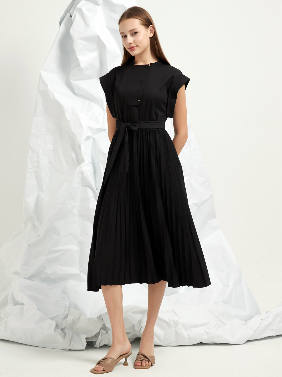 PLEATED A-LINE MIDI DRESS