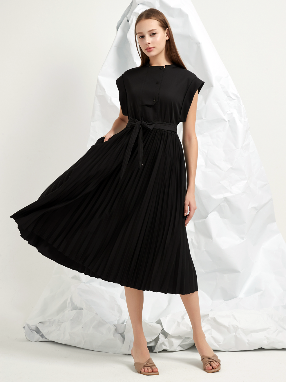 PLEATED A-LINE MIDI DRESS
