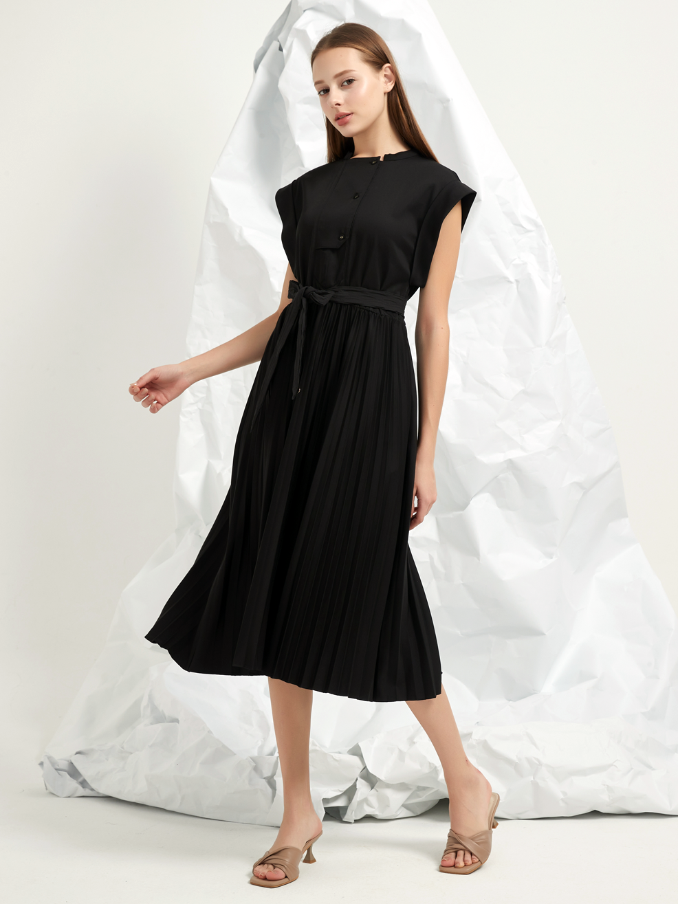 PLEATED A-LINE MIDI DRESS