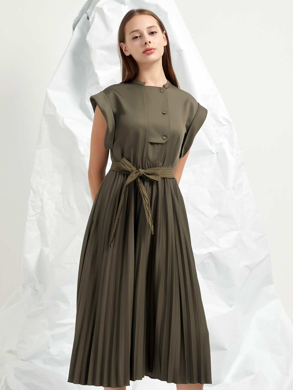 PLEATED A-LINE MIDI DRESS