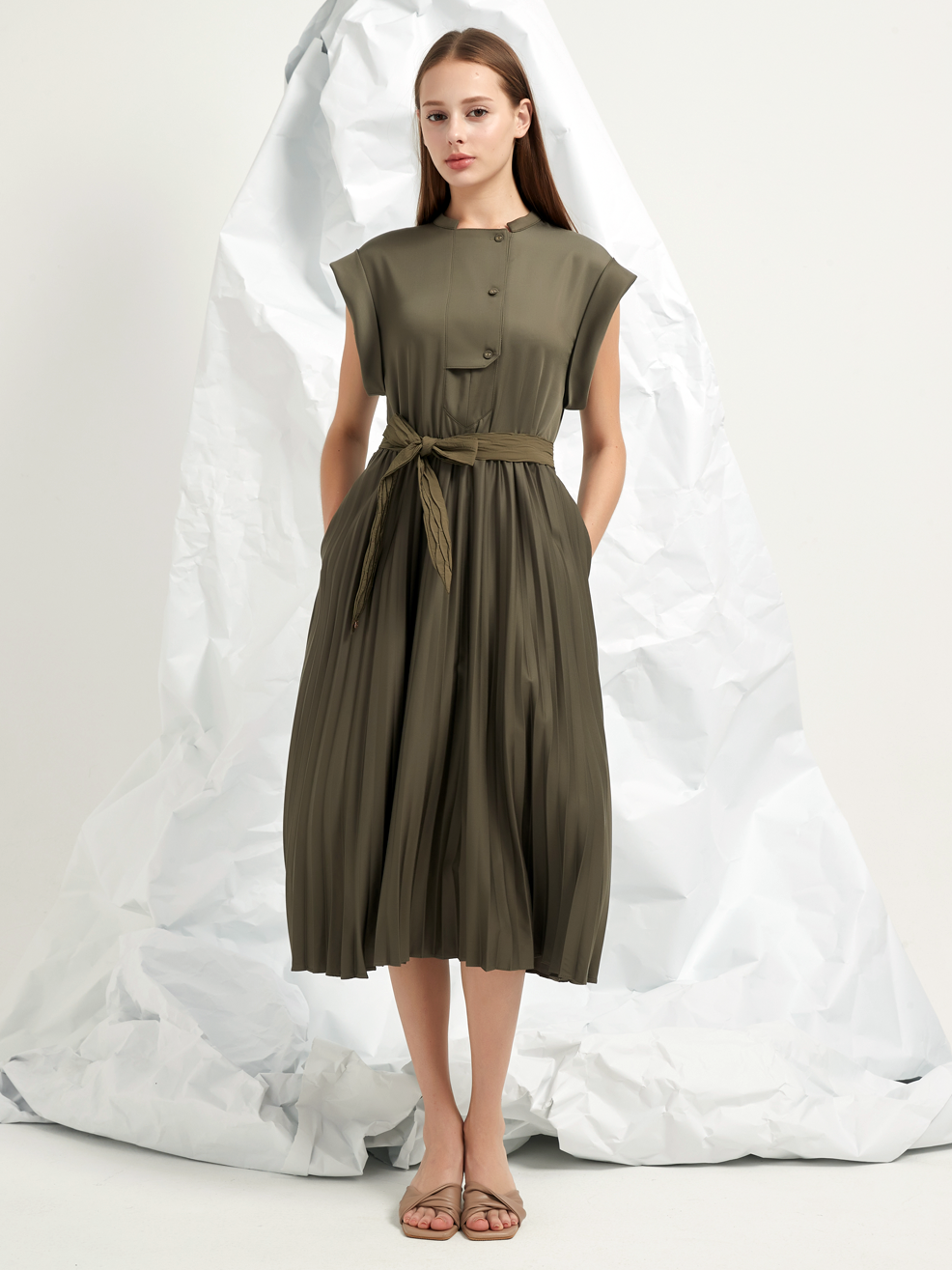 PLEATED A-LINE MIDI DRESS