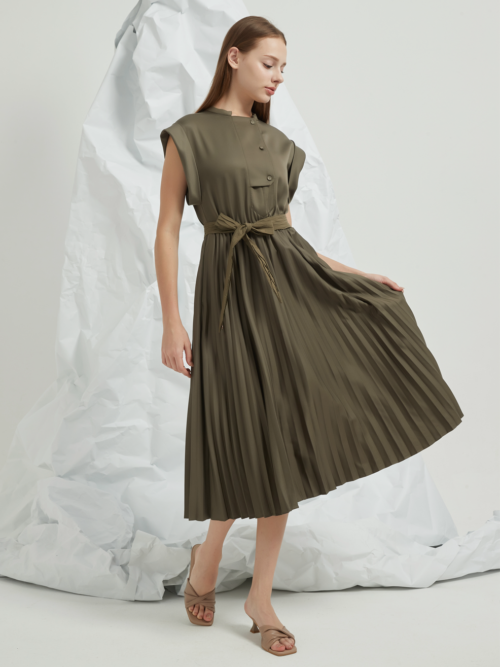 PLEATED A-LINE MIDI DRESS