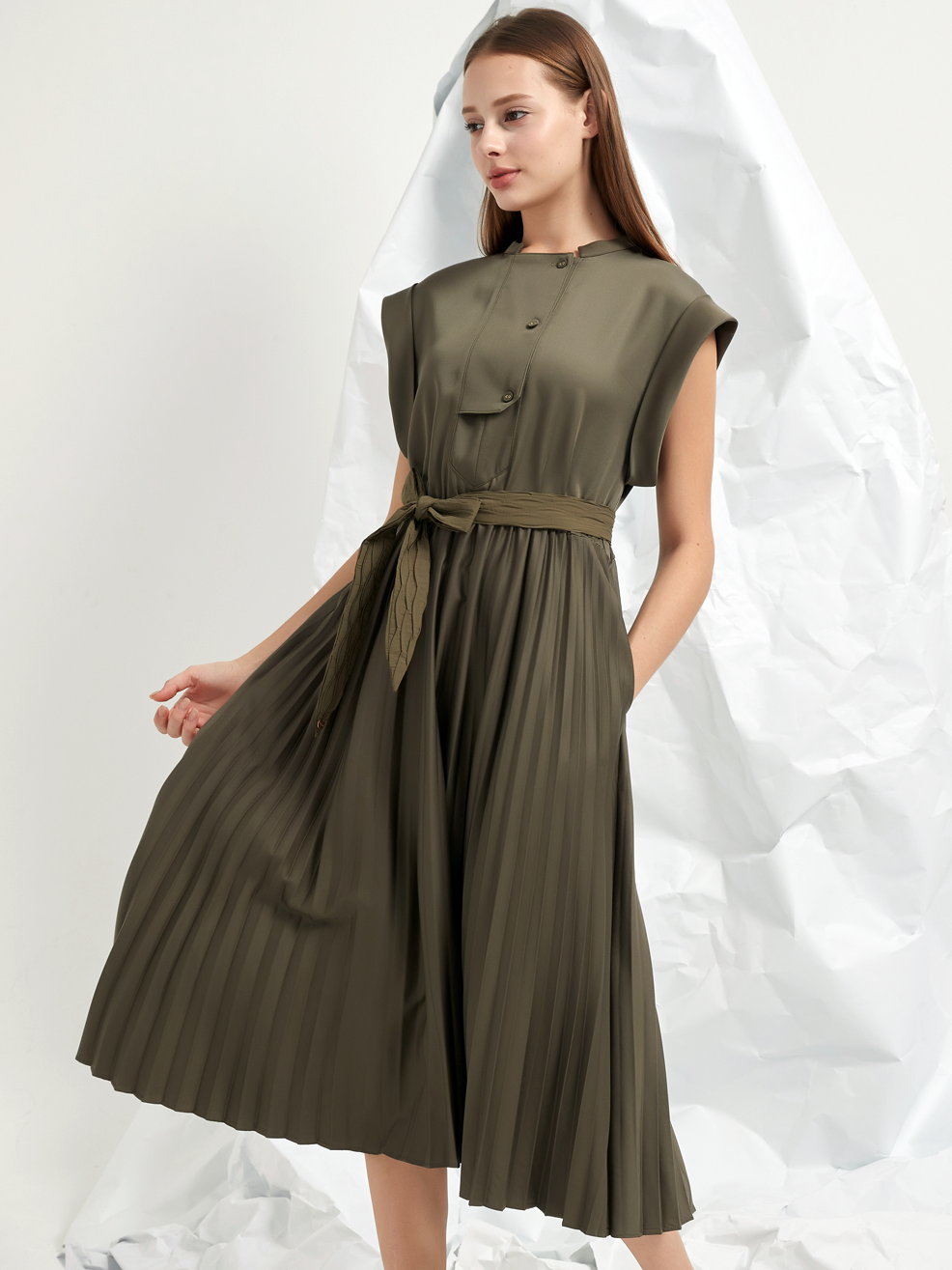 PLEATED A-LINE MIDI DRESS