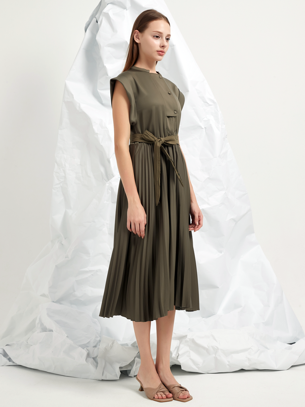PLEATED A-LINE MIDI DRESS
