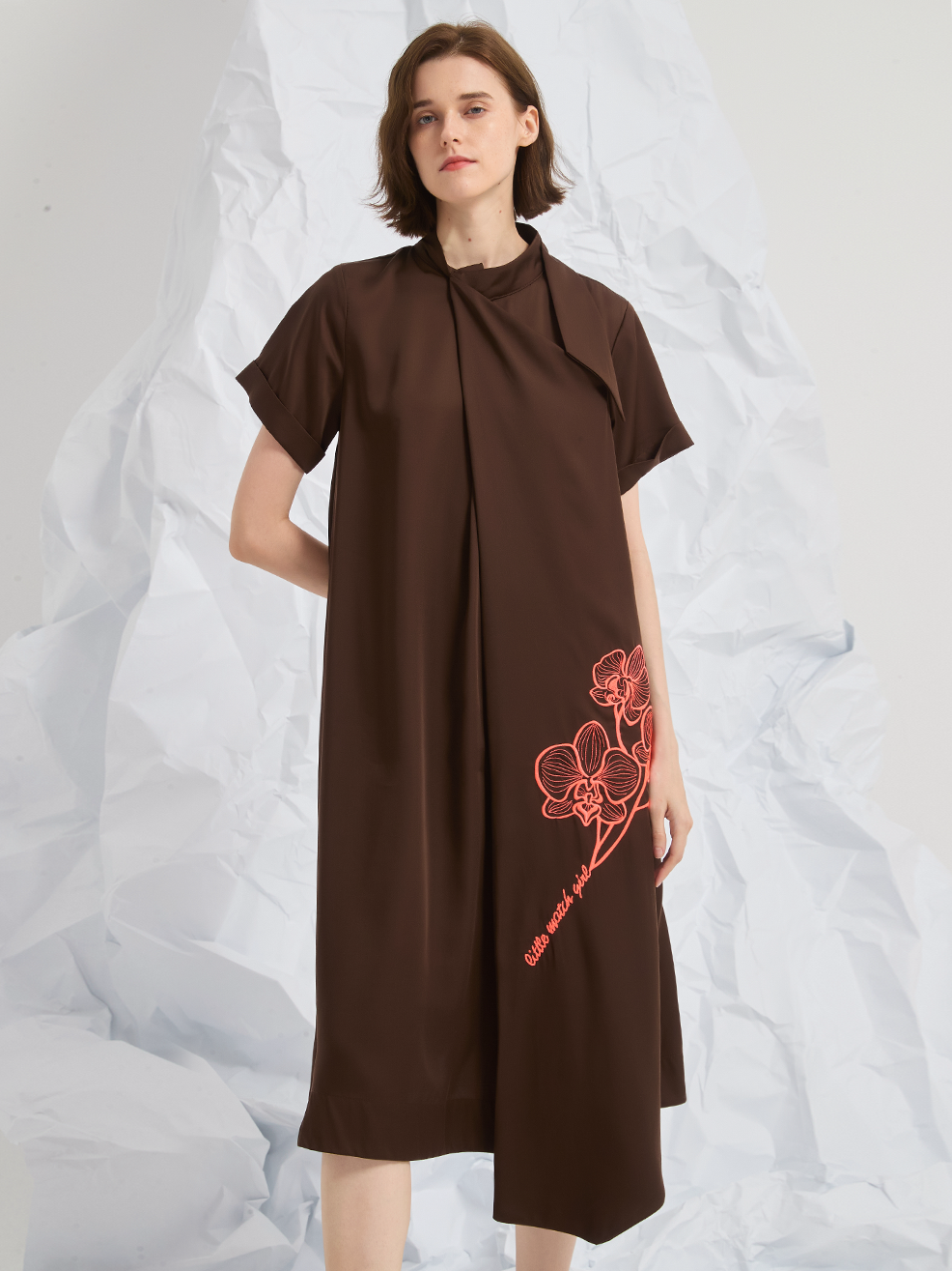 ASYMMETRIC EMBROIDERED MIDI DRESS