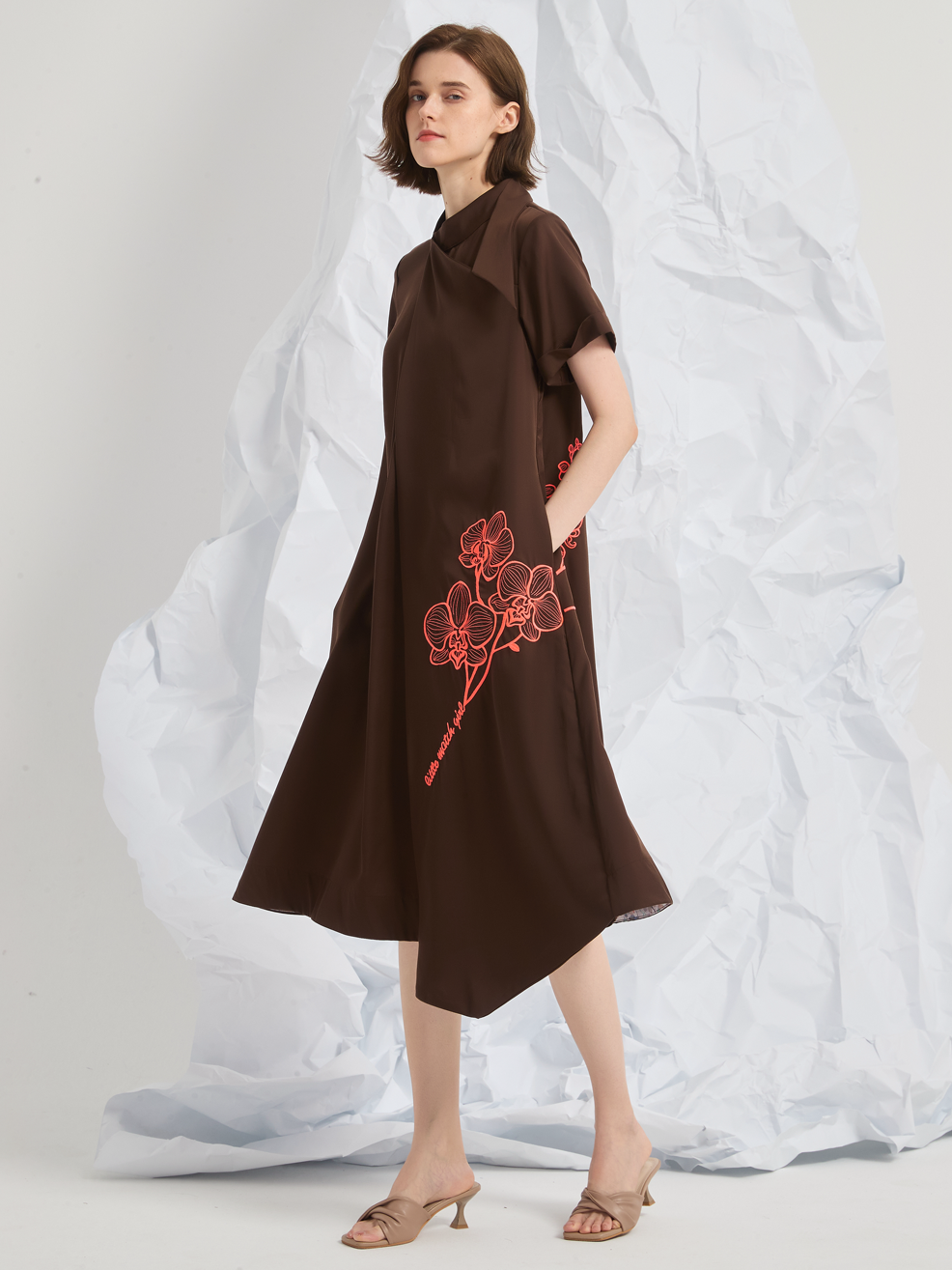 ASYMMETRIC EMBROIDERED MIDI DRESS