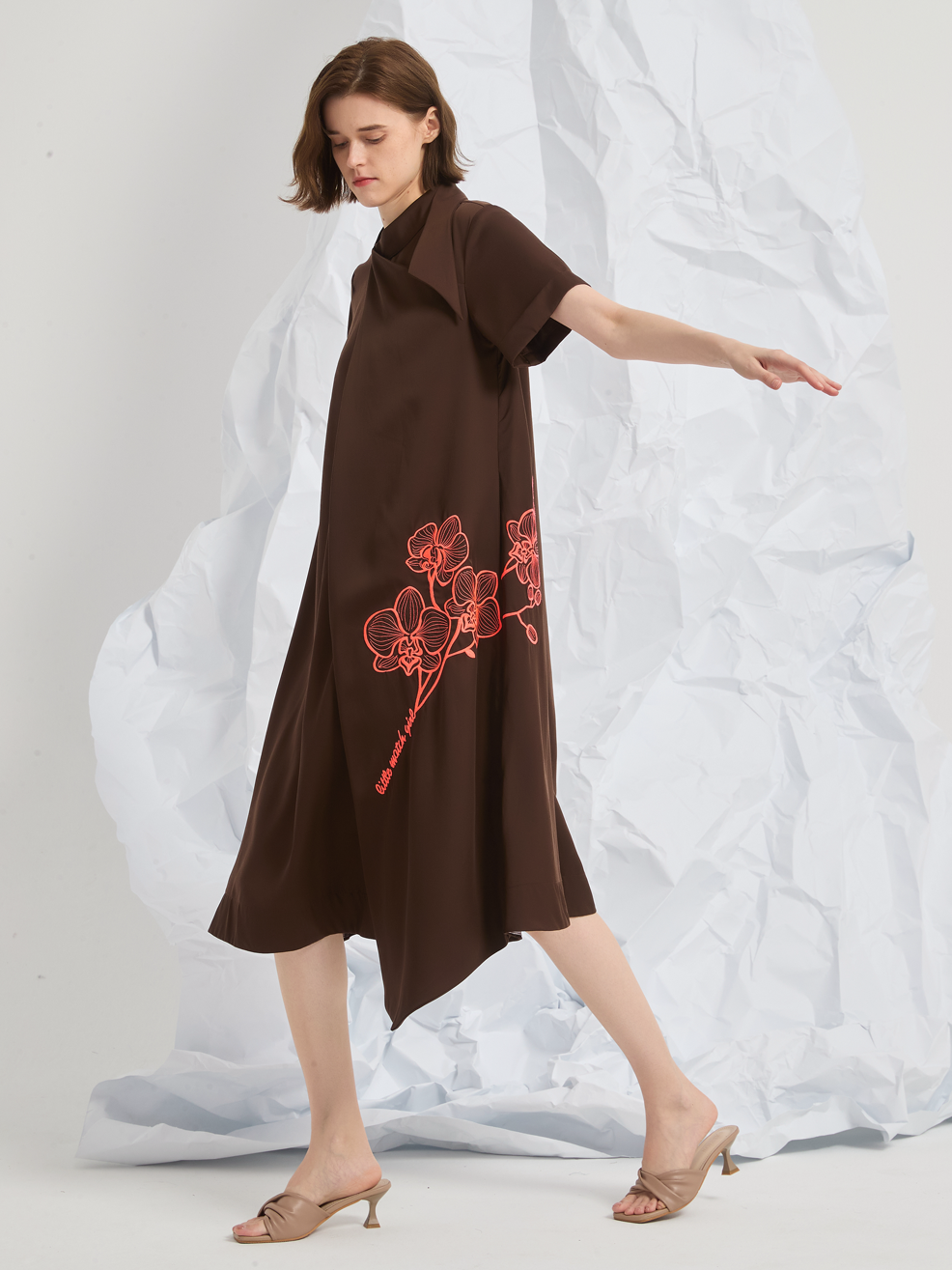ASYMMETRIC EMBROIDERED MIDI DRESS