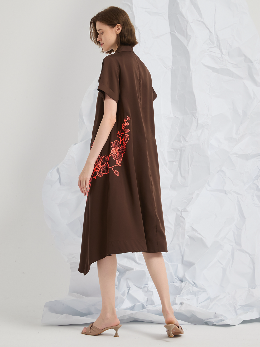 ASYMMETRIC EMBROIDERED MIDI DRESS