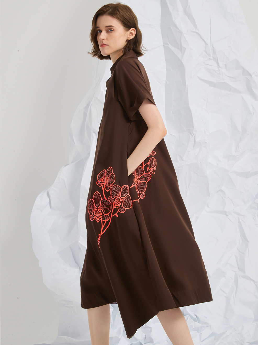 ASYMMETRIC EMBROIDERED MIDI DRESS