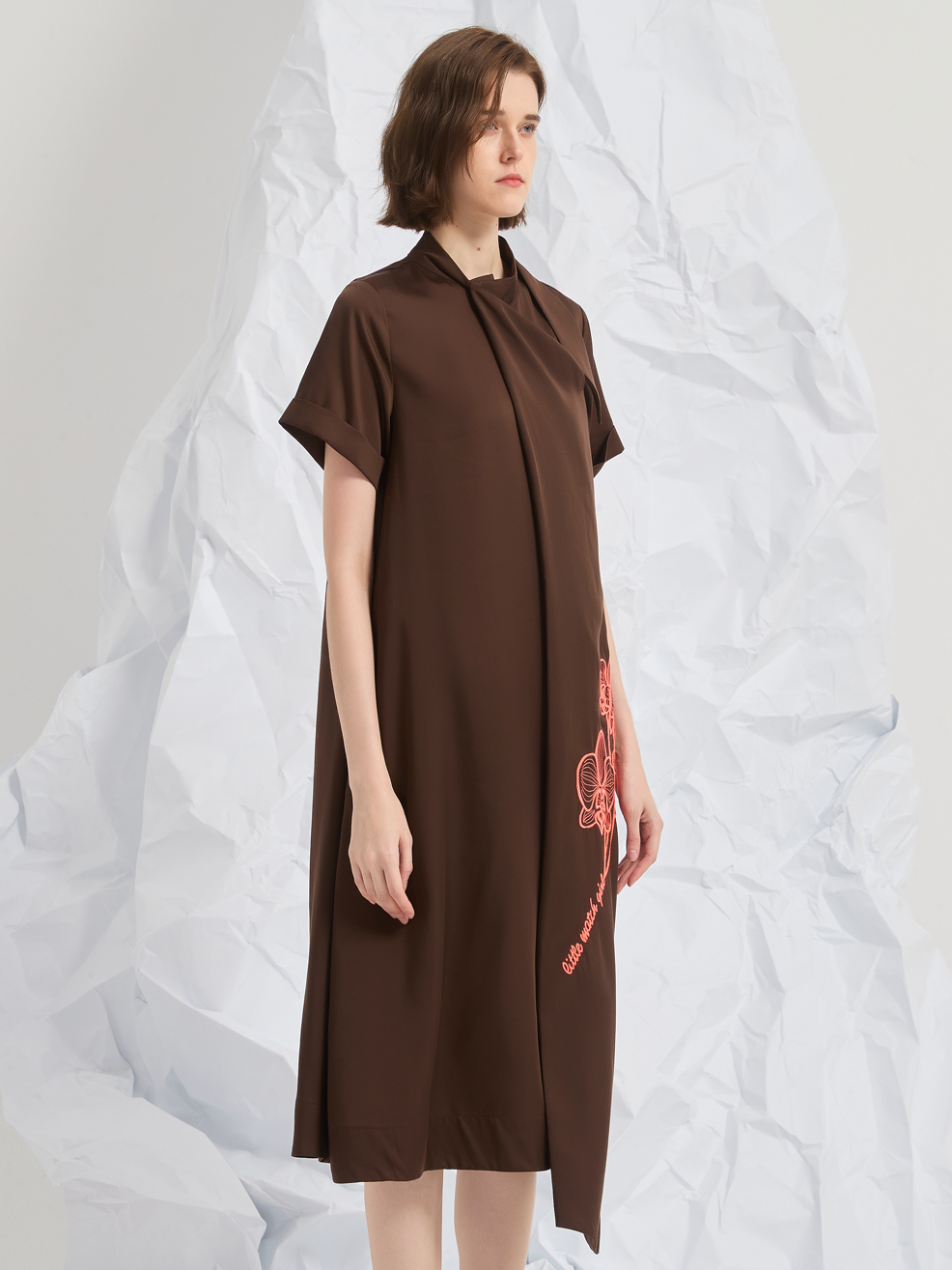ASYMMETRIC EMBROIDERED MIDI DRESS