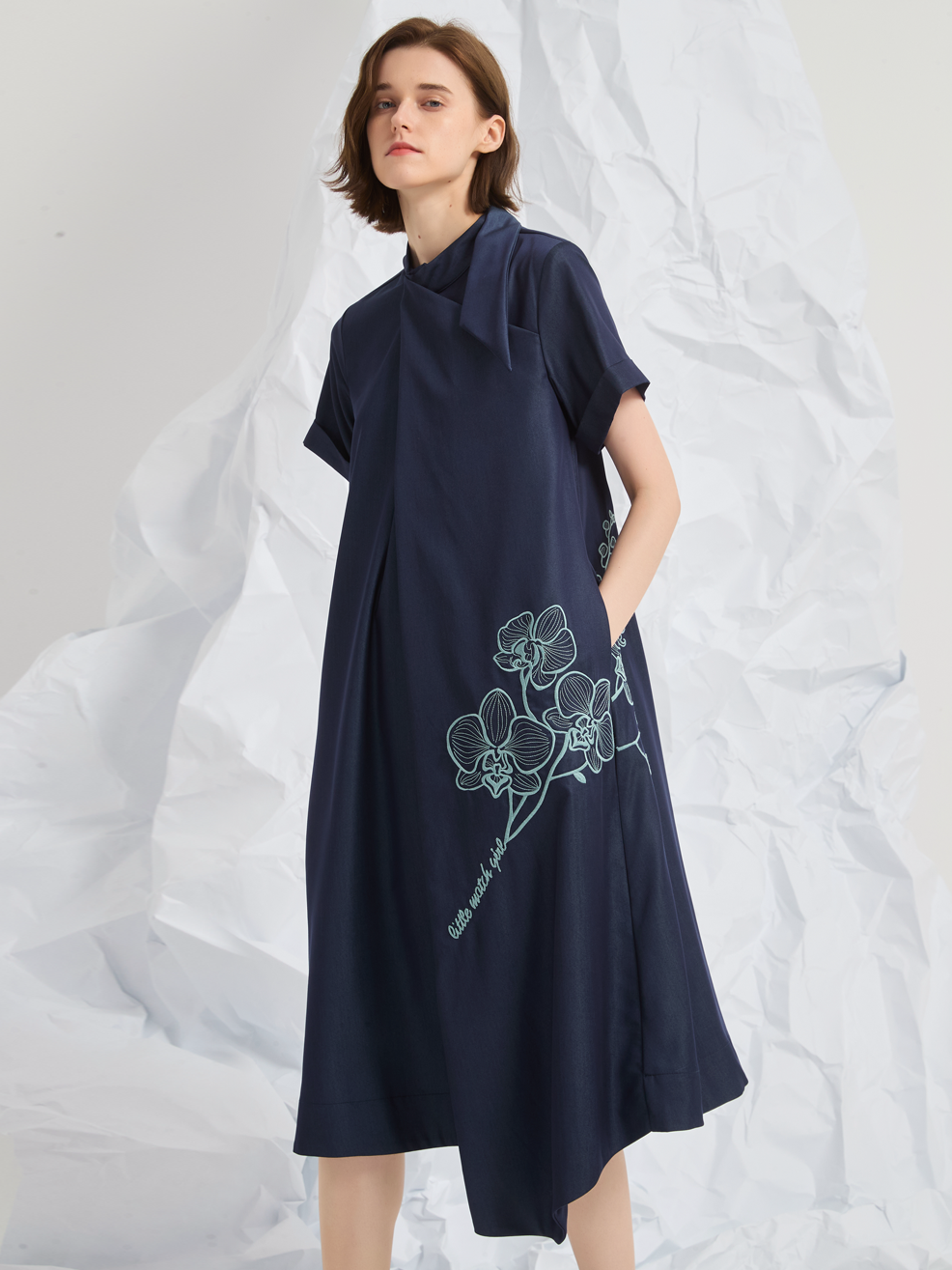ASYMMETRIC EMBROIDERED MIDI DRESS