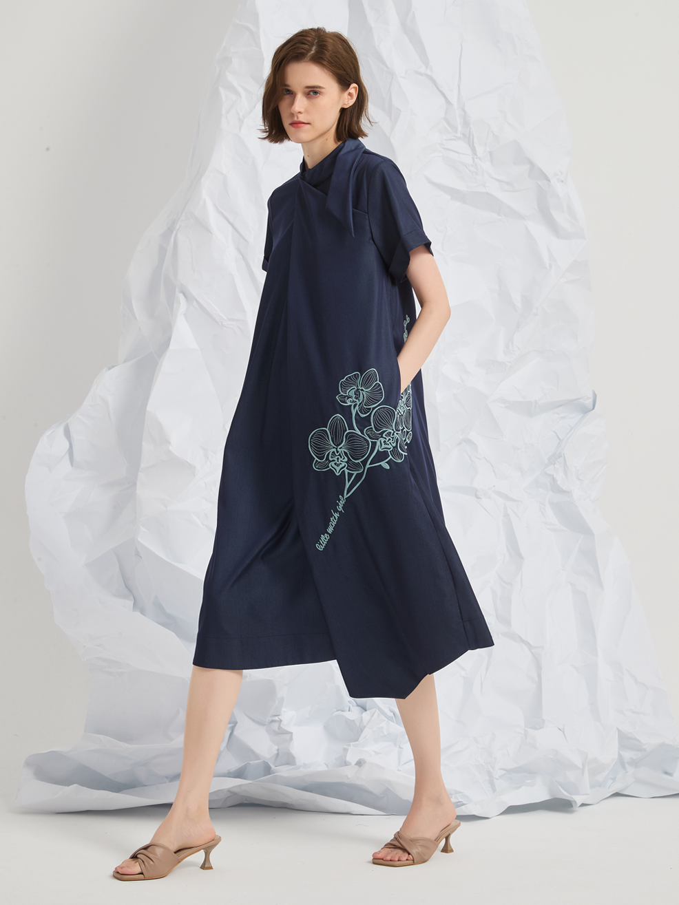 ASYMMETRIC EMBROIDERED MIDI DRESS