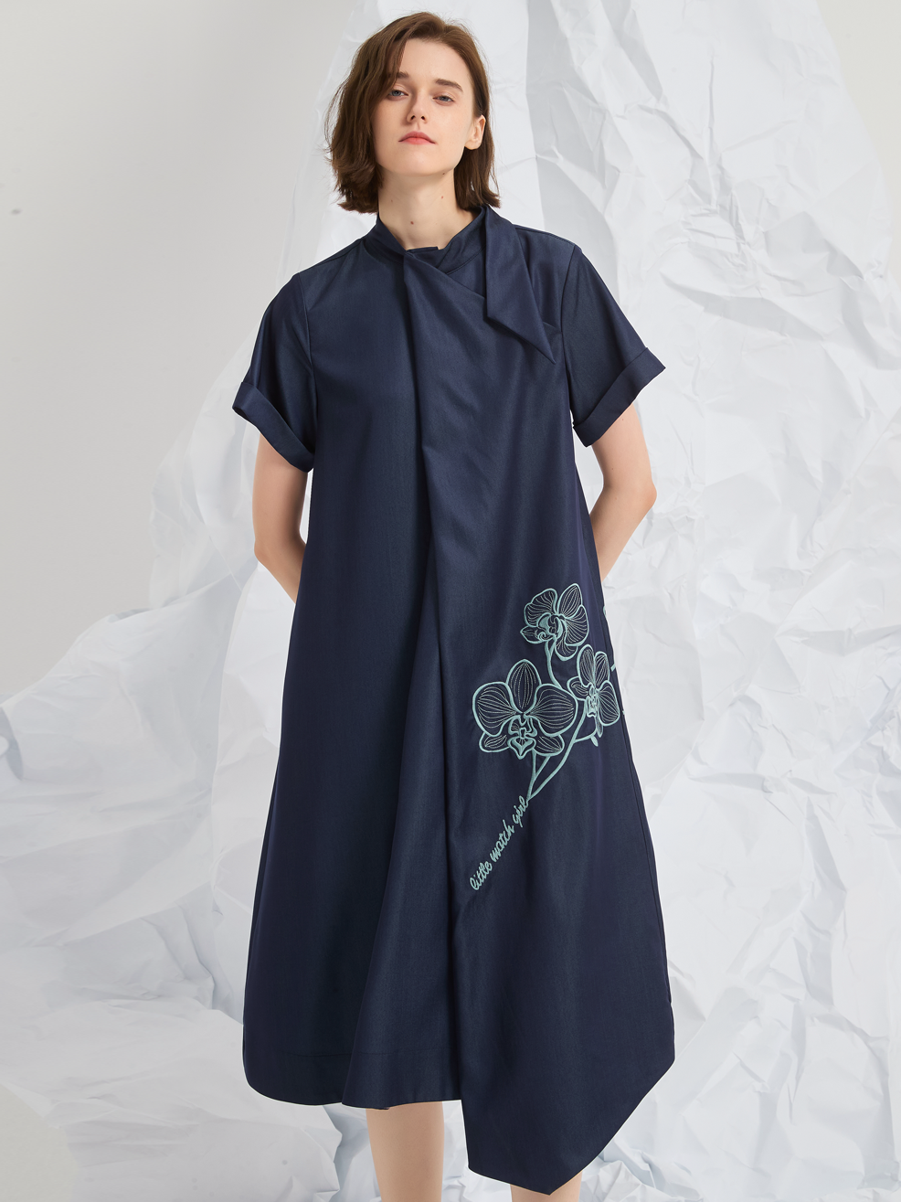 ASYMMETRIC EMBROIDERED MIDI DRESS