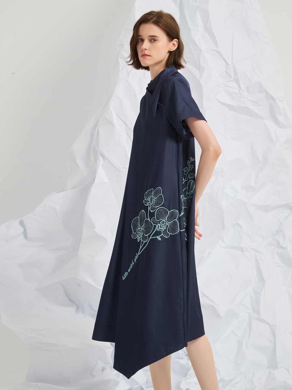 ASYMMETRIC EMBROIDERED MIDI DRESS