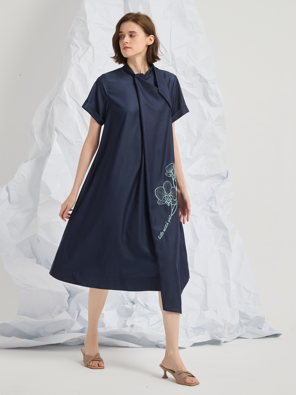 ASYMMETRIC EMBROIDERED MIDI DRESS