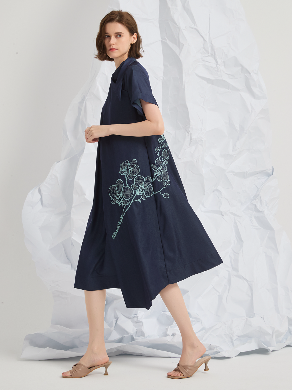 ASYMMETRIC EMBROIDERED MIDI DRESS