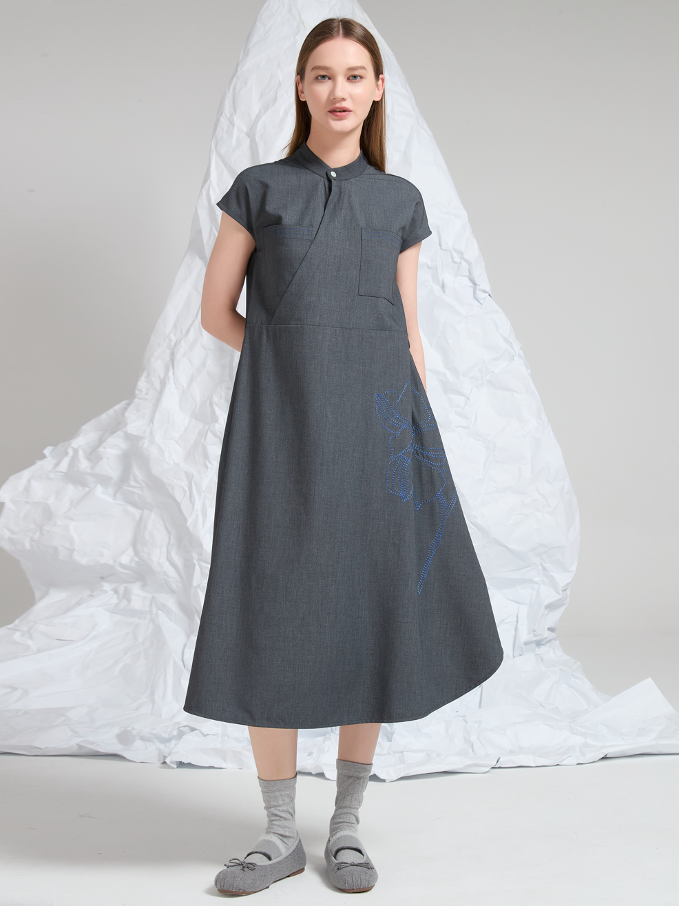 EMBROIDERED WOOL MIDI DRESS