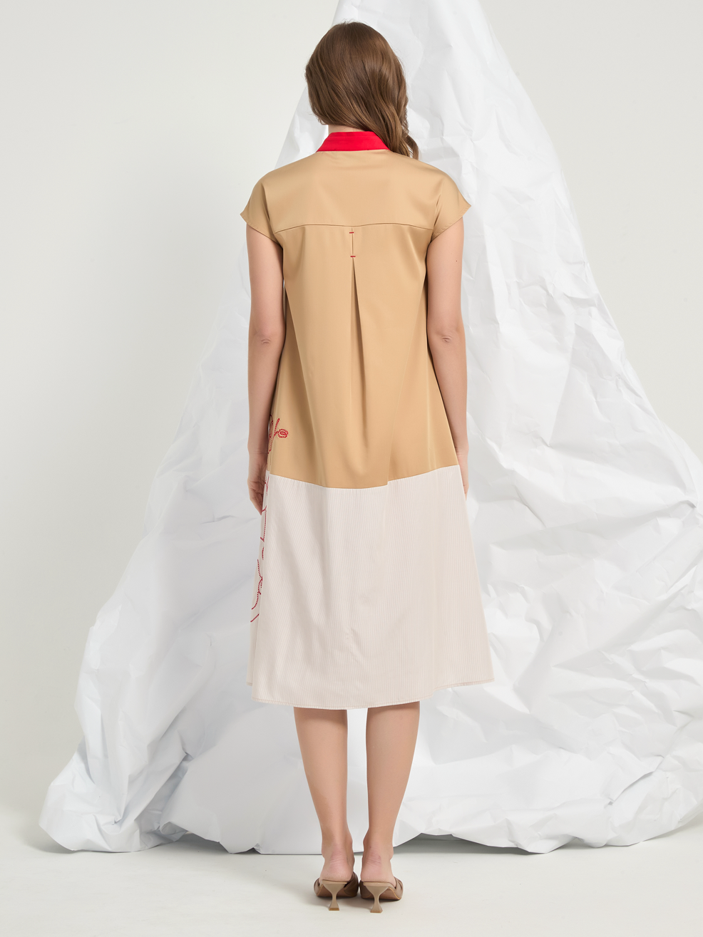MANDARIN COLLAR EMBROIDERED MIDI DRESS