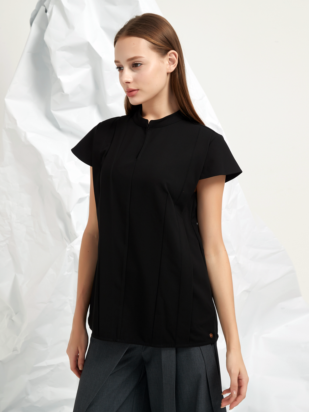 WOOL BLEND TENCEL PLEATED BLOUSE