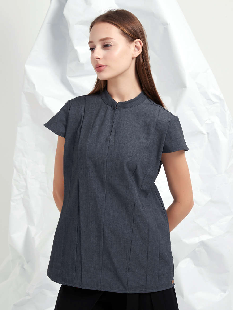 WOOL BLEND TENCEL PLEATED BLOUSE