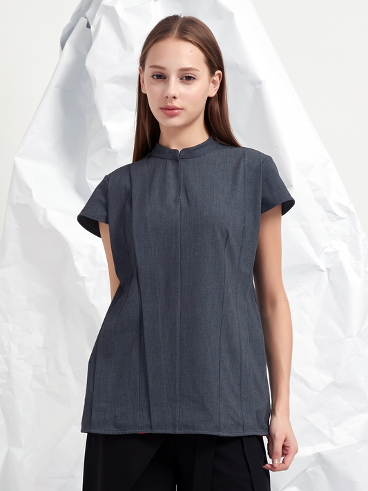 WOOL BLEND TENCEL PLEATED BLOUSE